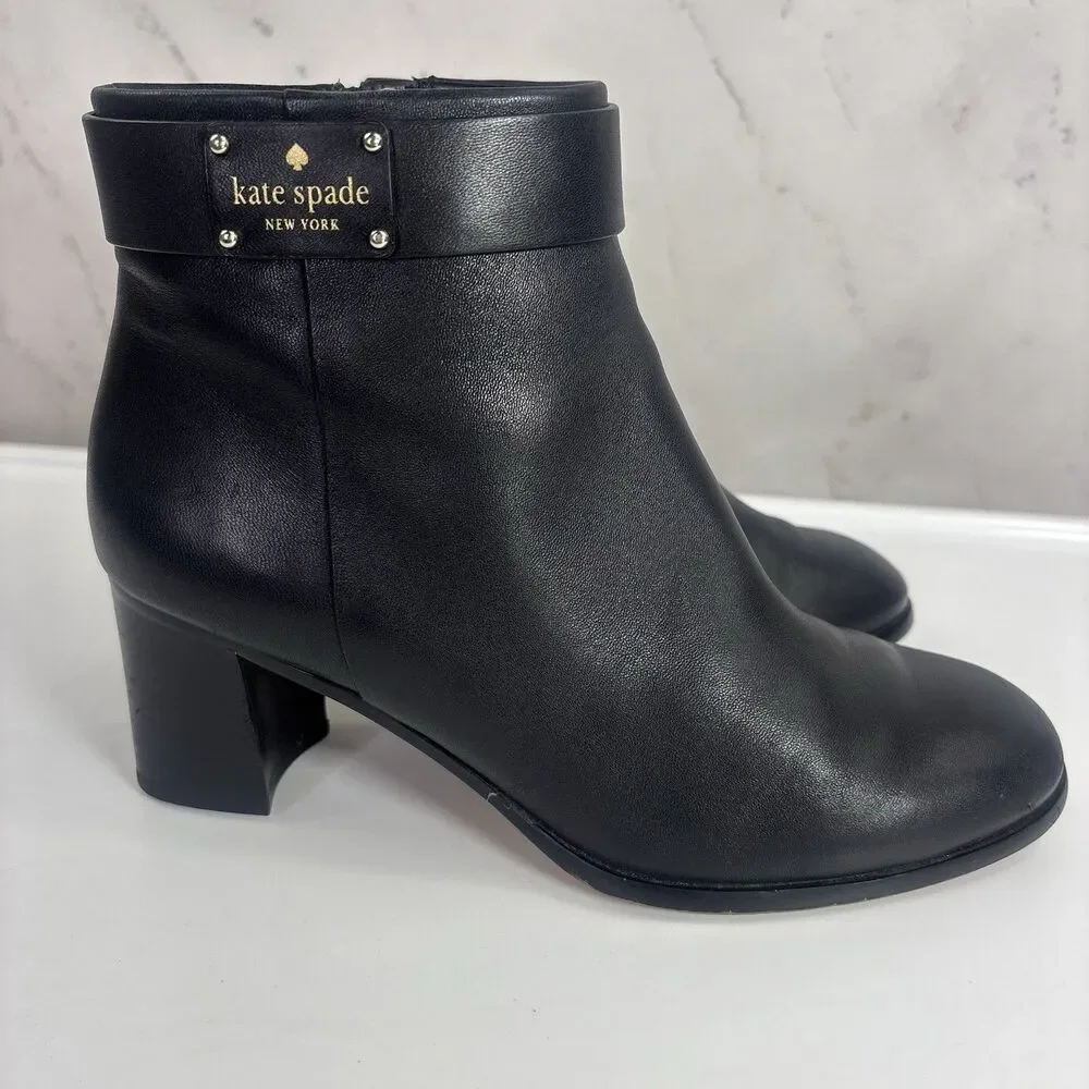 Kate Spade New York Platform Black Leather Ankle Boots 6 B 36 Block Heel chic